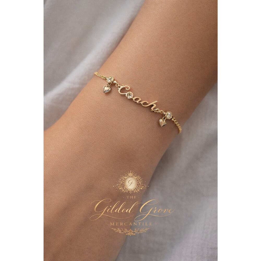 Coach Gold Script Logo Slider Bracelet Crystal Accent NWT $98 MSRP Heart